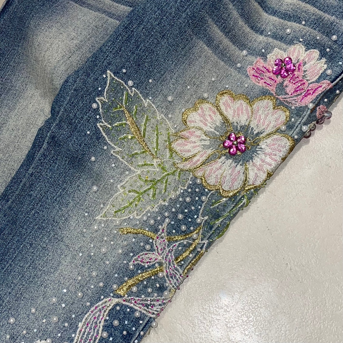 Embroidered denim capris
