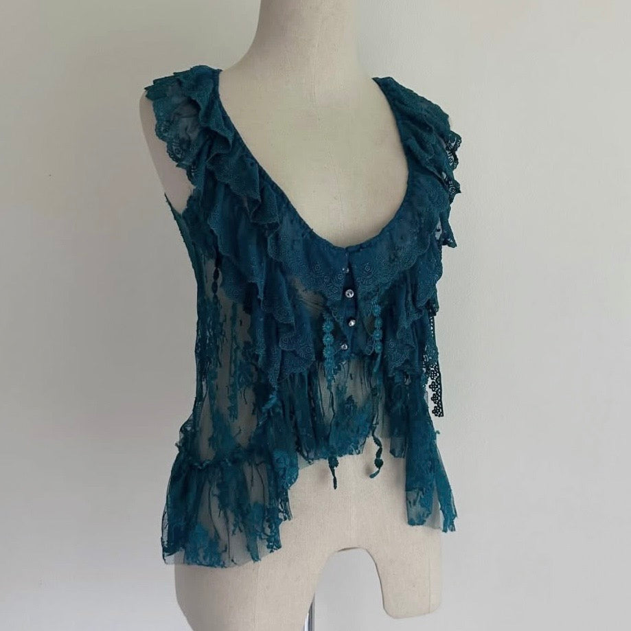 Ruffled sheer lace vest top