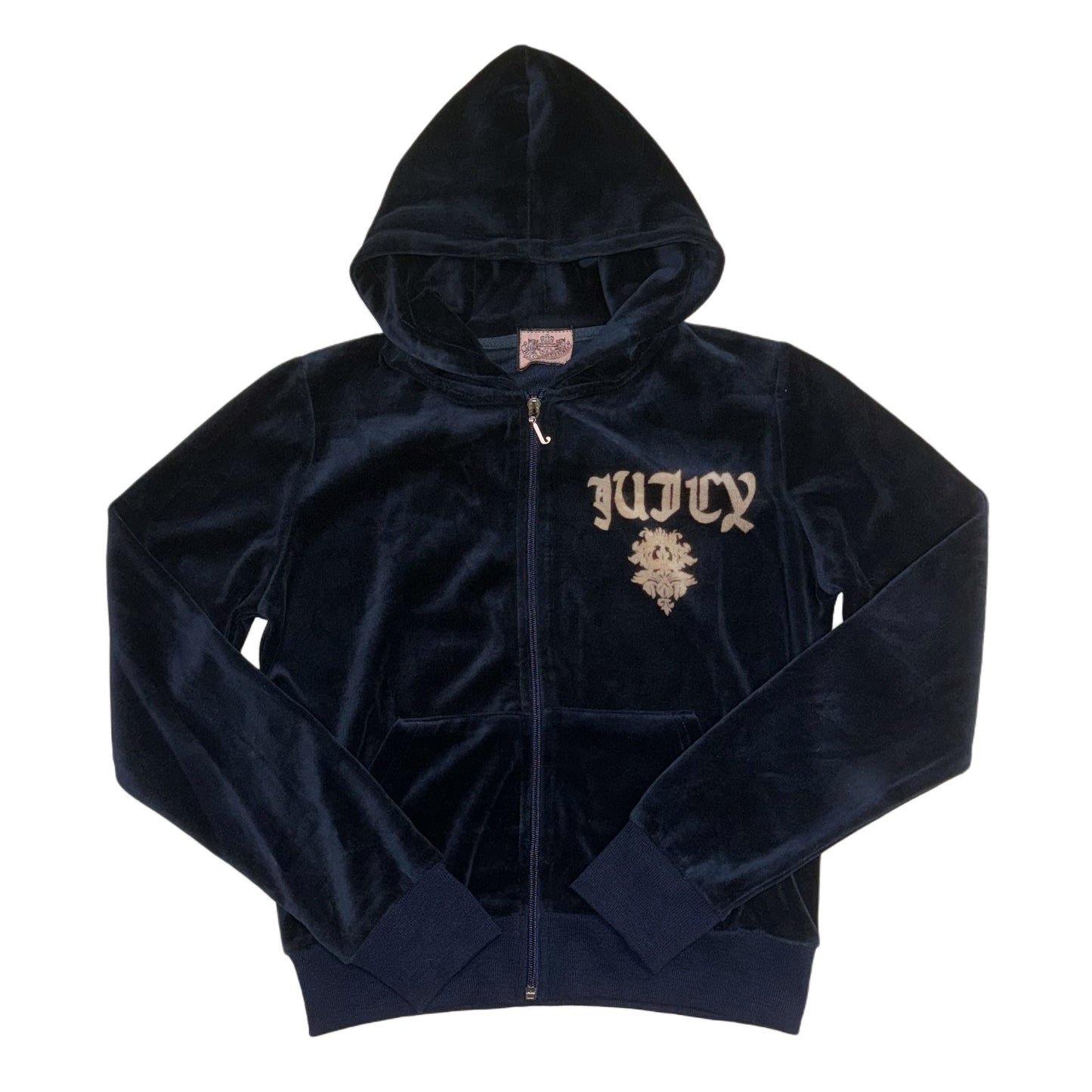 Juicy Couture Navy velvet zip up hoodie with “Beautiful Juicy” graphic