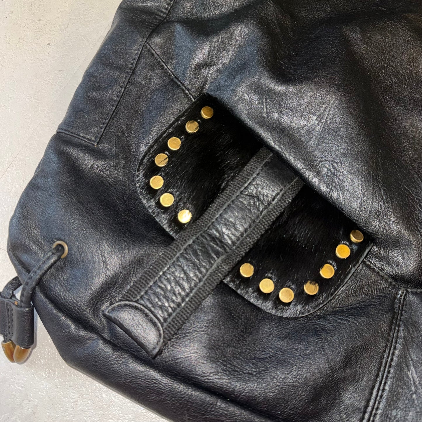 Black leather fur pocket shoulder bag