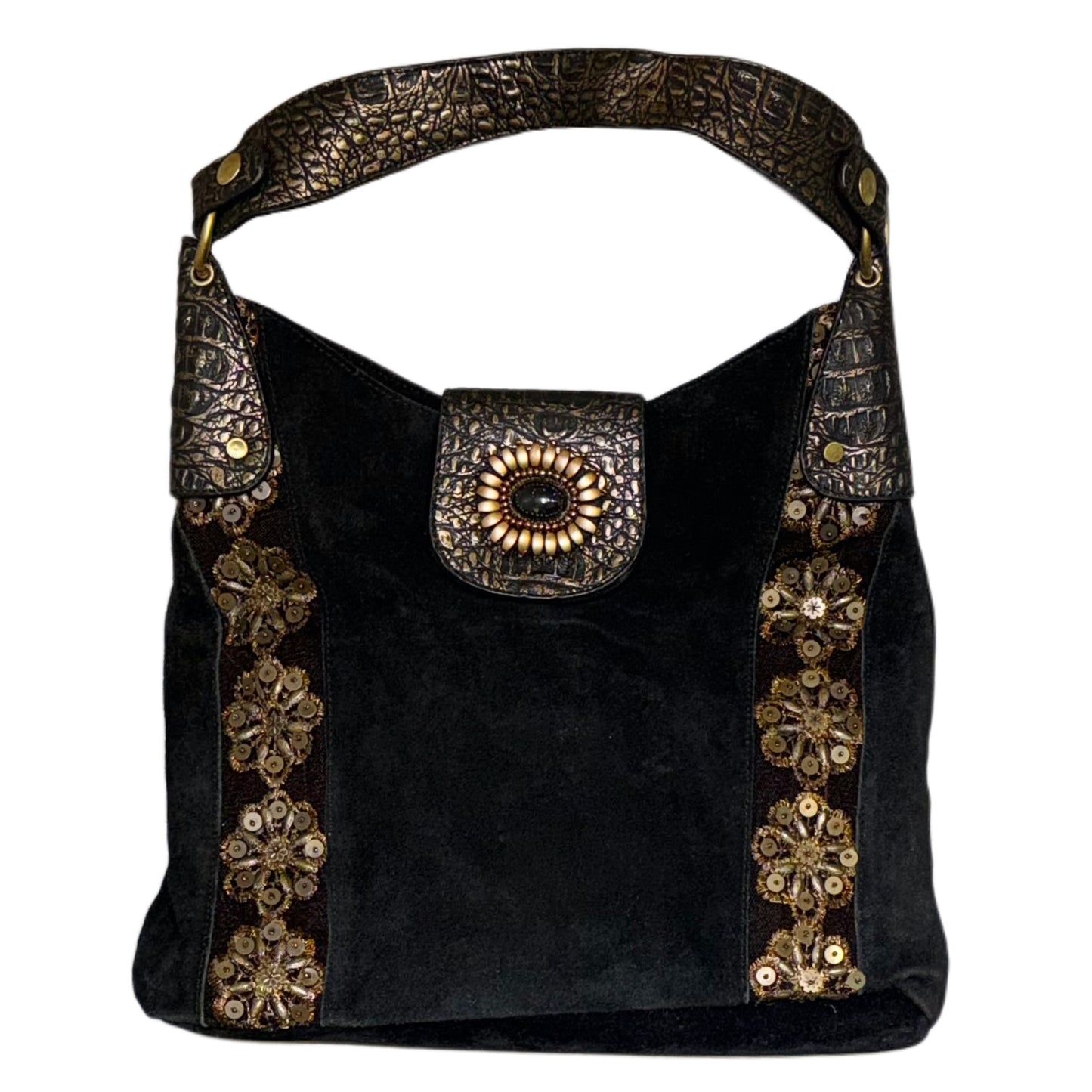 Black suede embroidered bag