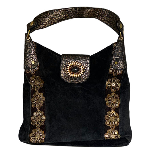 Black suede embroidered bag