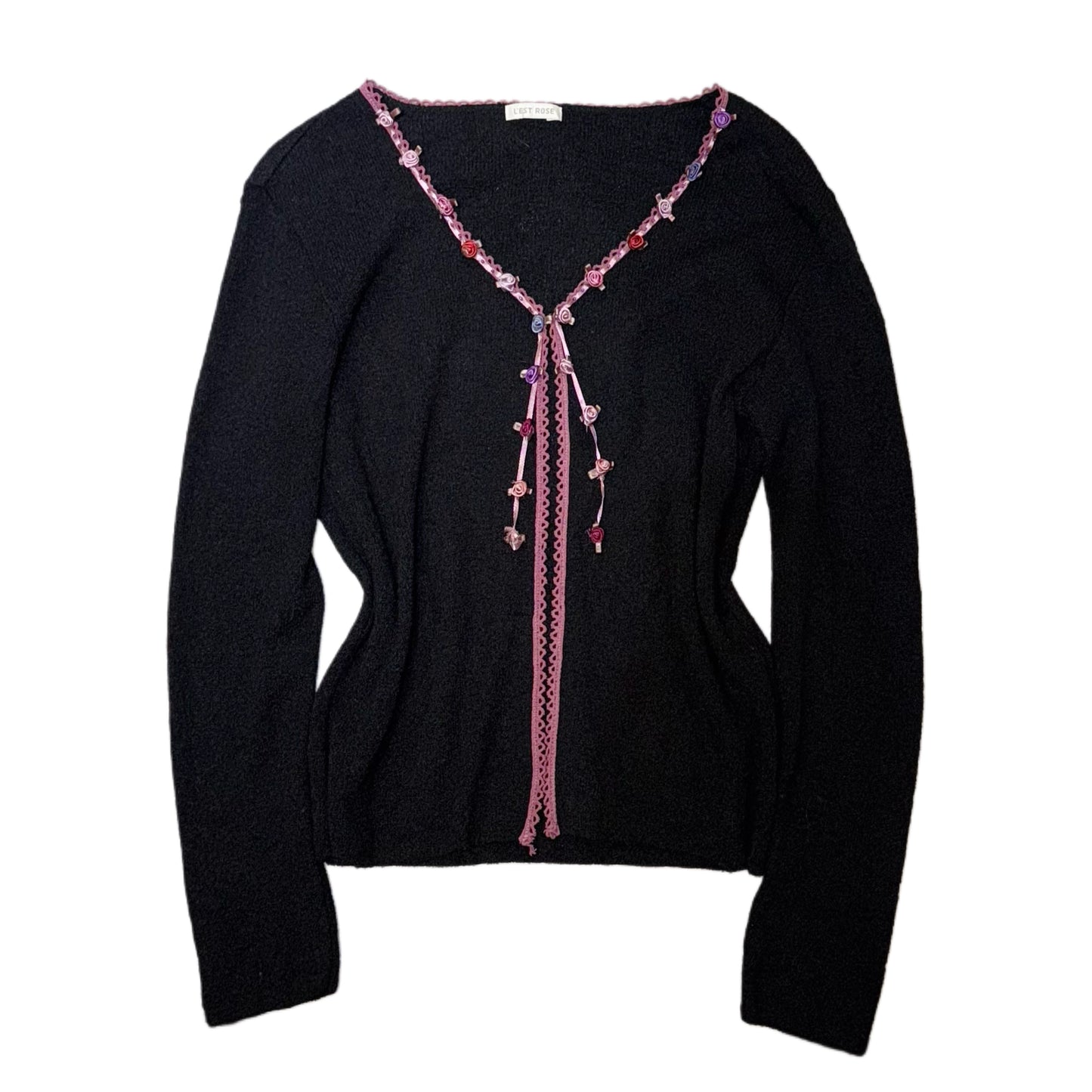 Rose pink lace trim black cardigan