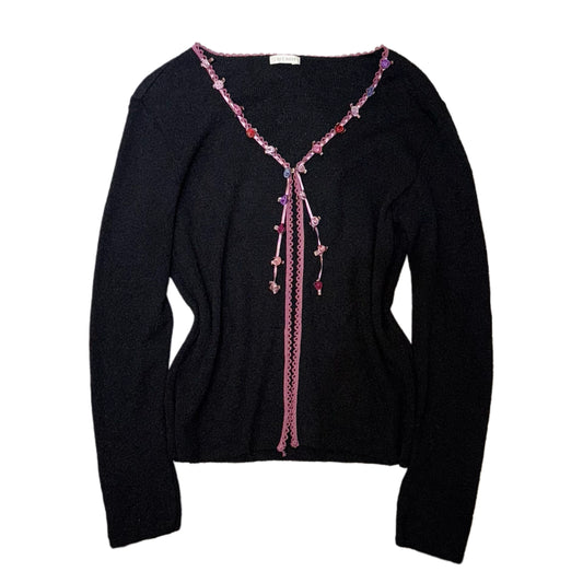 Rose pink lace trim black cardigan