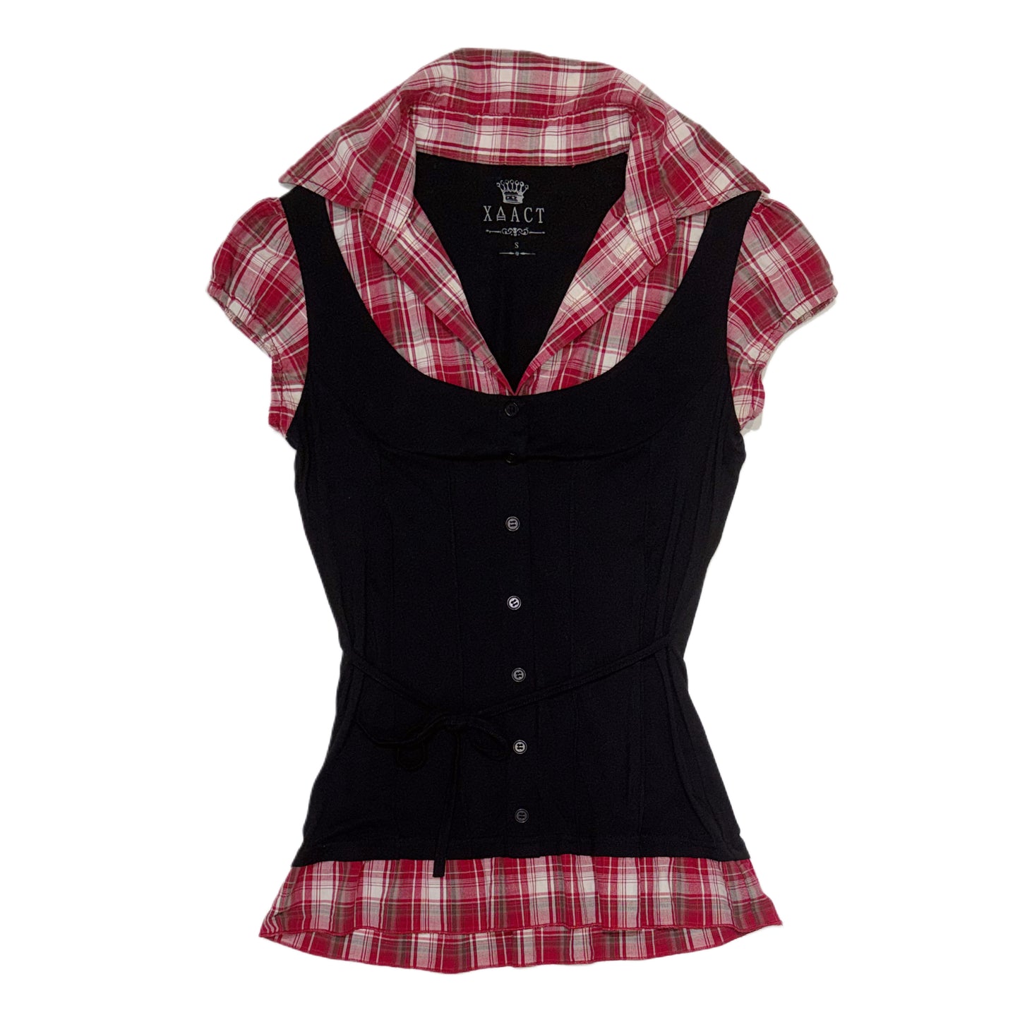 Layered red plaid shirt with black corset style vest