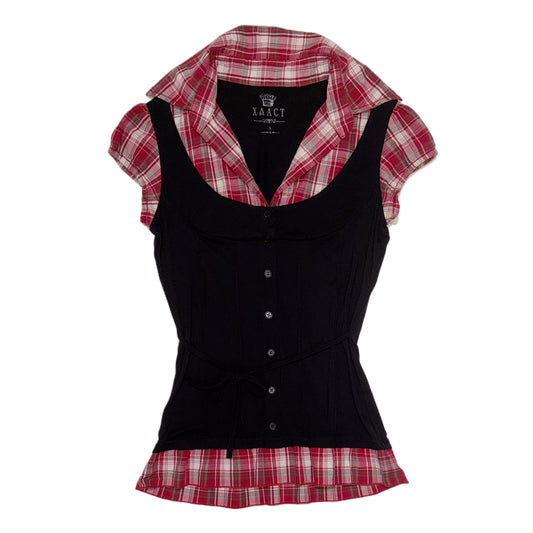 Layered red plaid shirt with black corset style vest