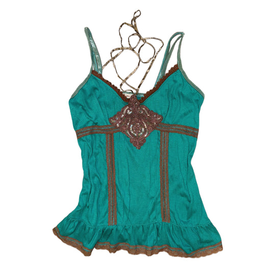 Green brown lace embroidered tank