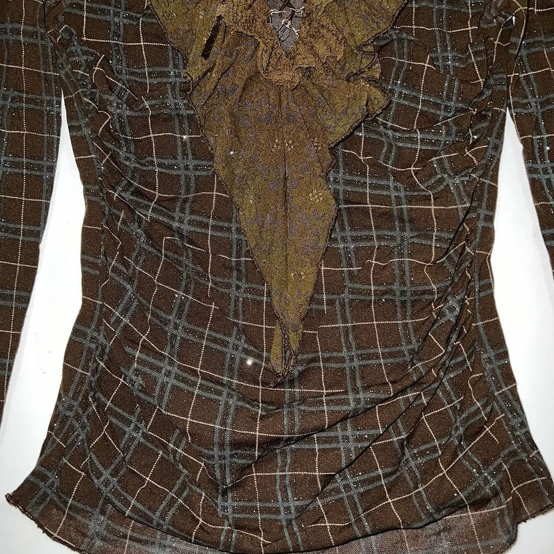 Green and brown glitter checkered lace long sleeve