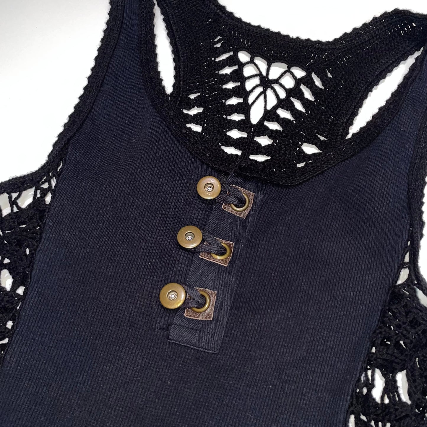 Black knit tank with leather button detail
