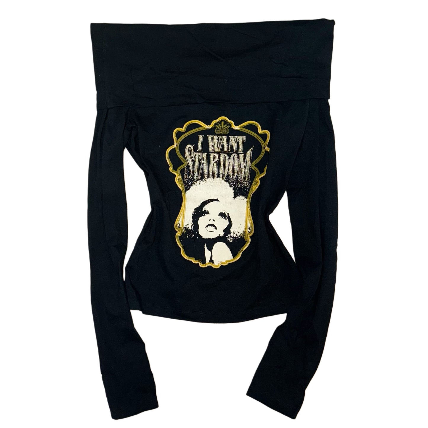 Dolce & Gabbana off-shoulder long sleeve with "I want stardom" signature golden graphic print