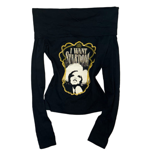 Dolce & Gabbana off-shoulder long sleeve with "I want stardom" signature golden graphic print