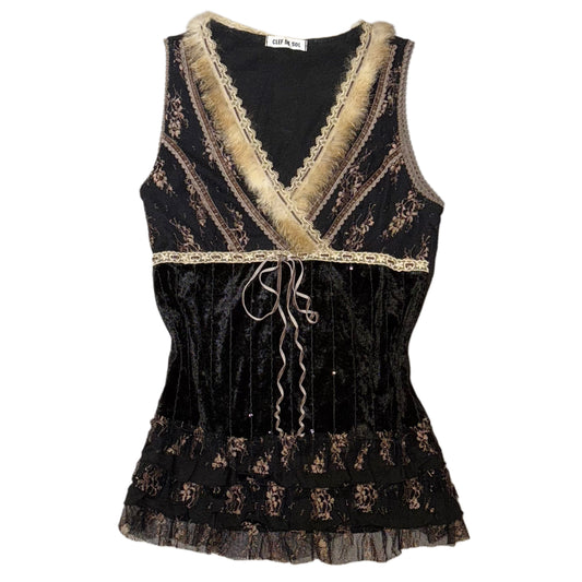 Black furry velvet lace top