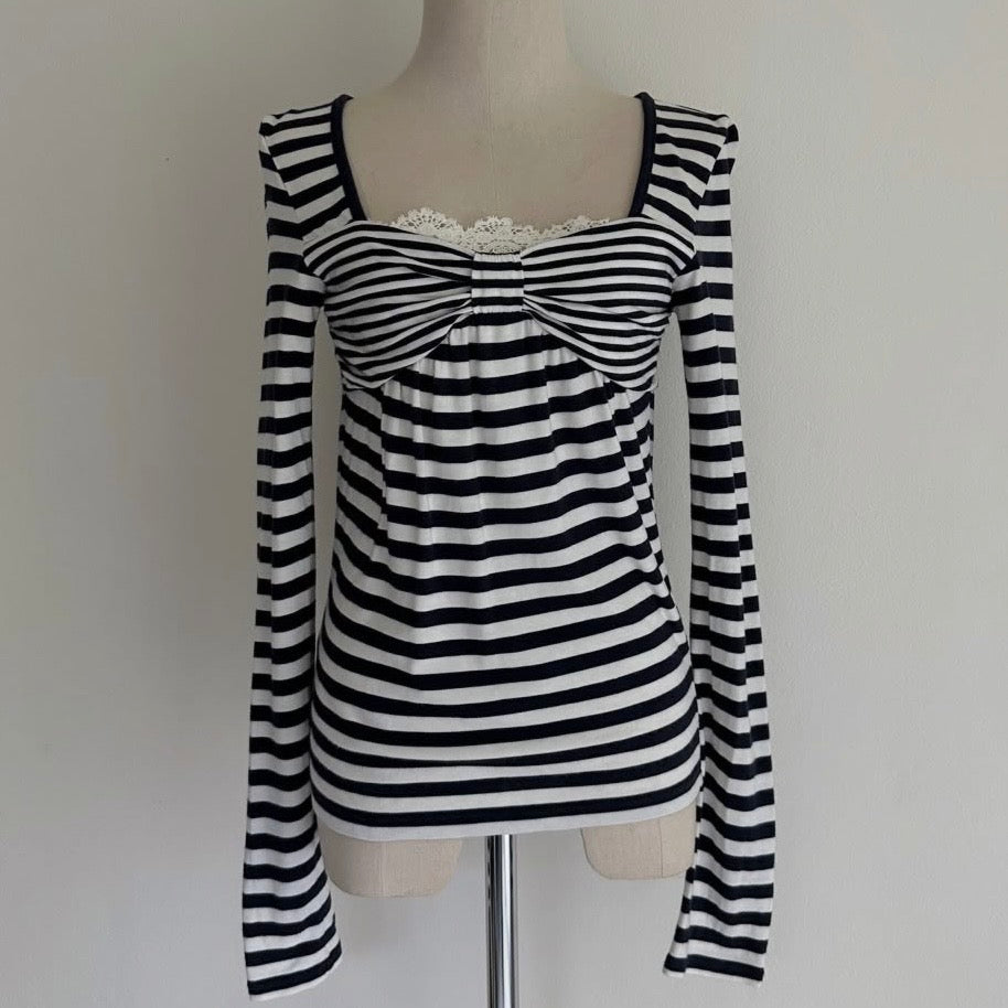 Navy stripe lace layered long sleeve