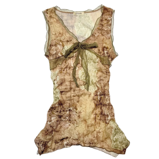Brown green ribbon mesh top