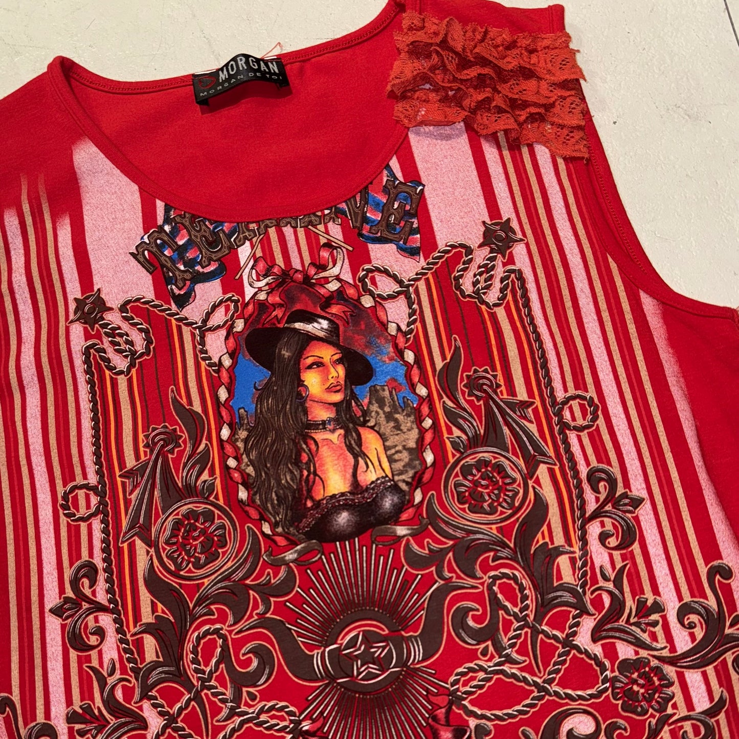 Morgan De Toi red graphic lace top