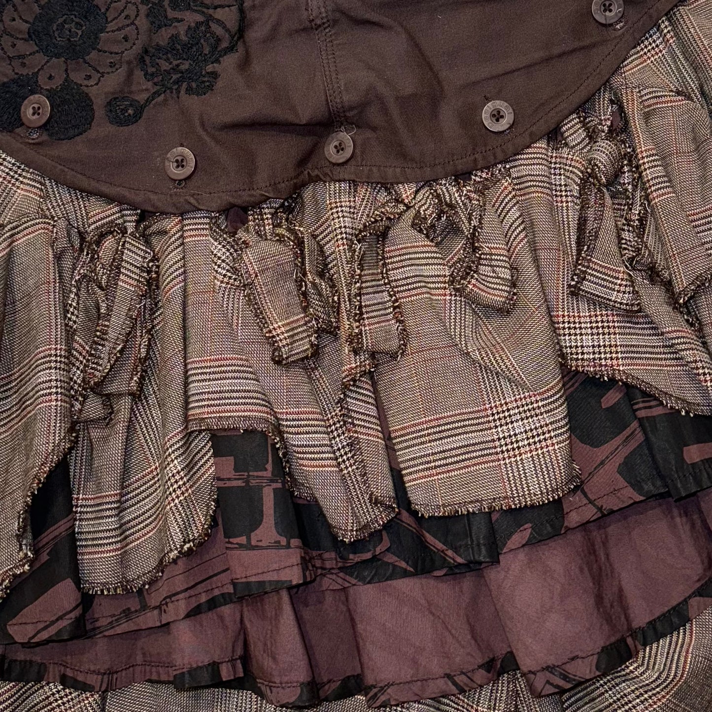 Desigual brown checker layered uneven hem skirt with embroidery details