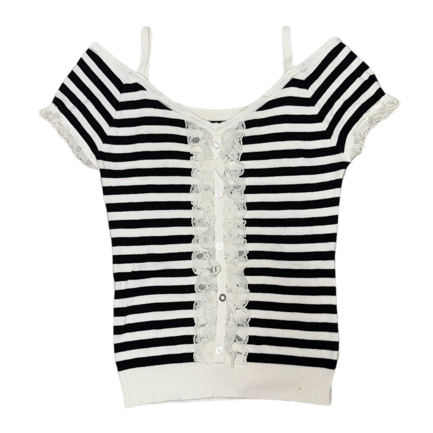 Black white buttons striped lace top
