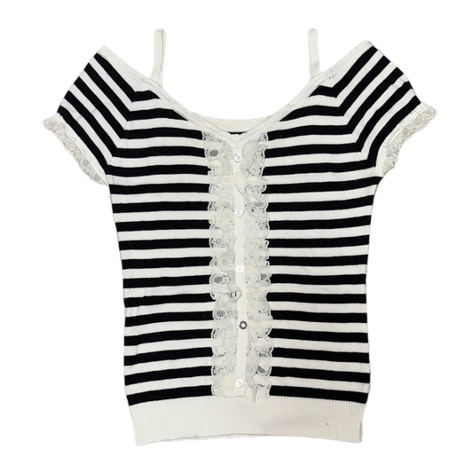 Black white buttons striped lace top