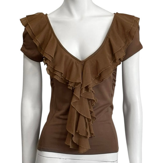 Brown ruffle collar top