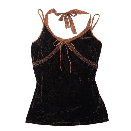 Brown velvet orange lace trim tank