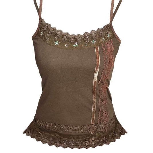 Brown lace embroidered tank