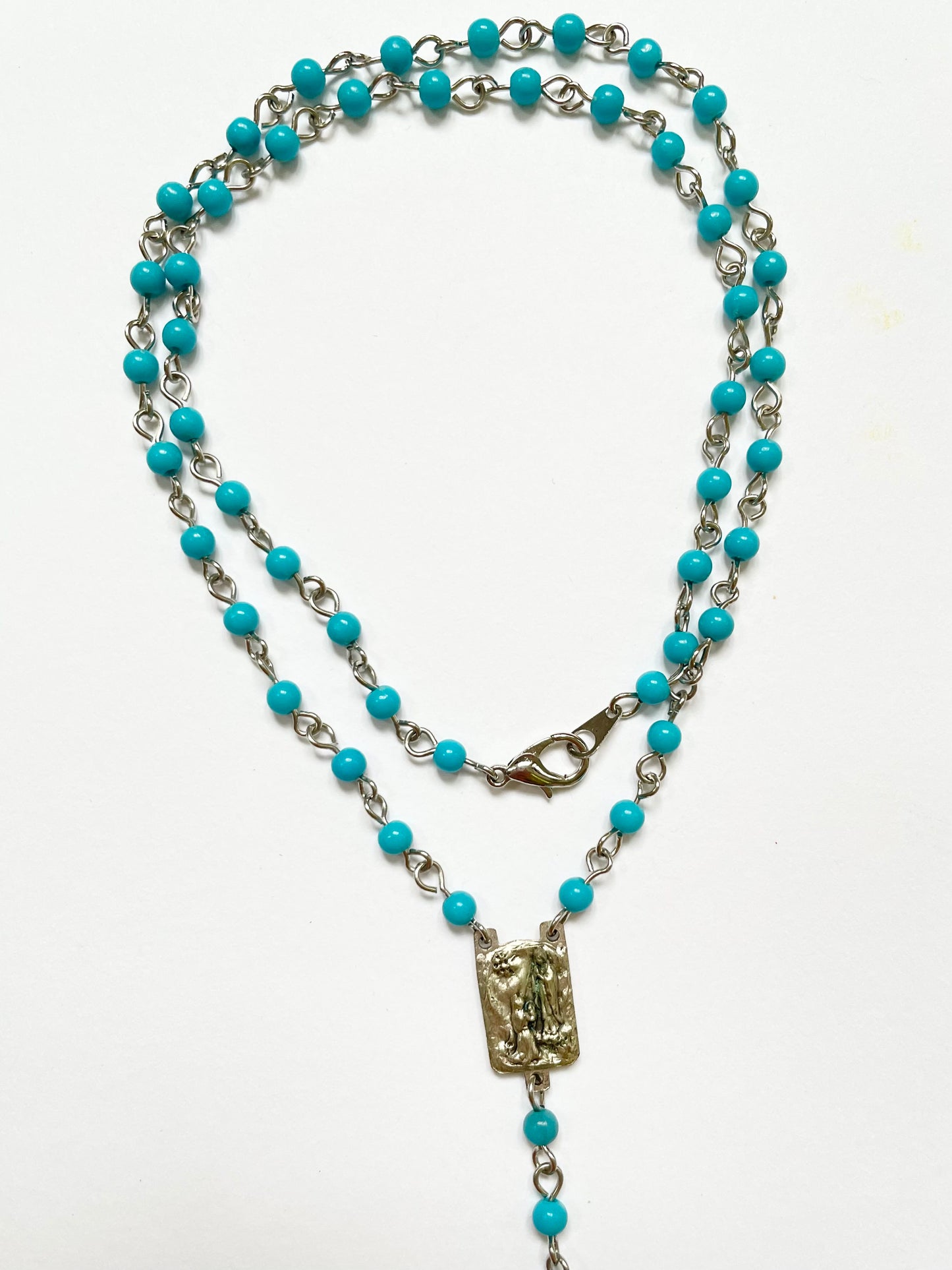 Baby blue beads cross long necklace