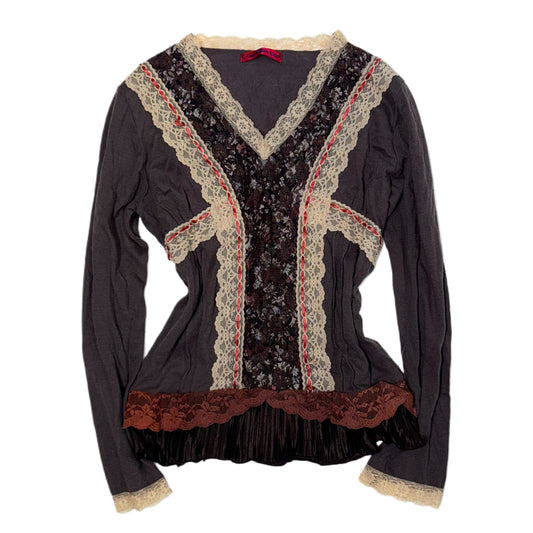 Brown lace patchwork long sleeve