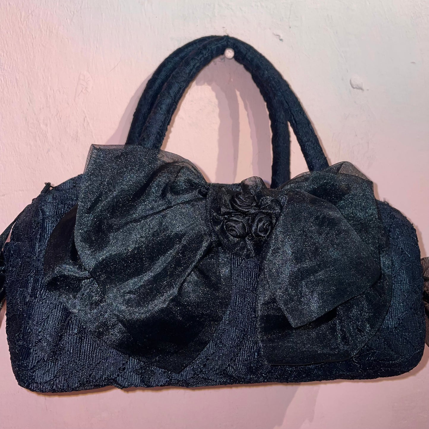 Black lace ribbon bag