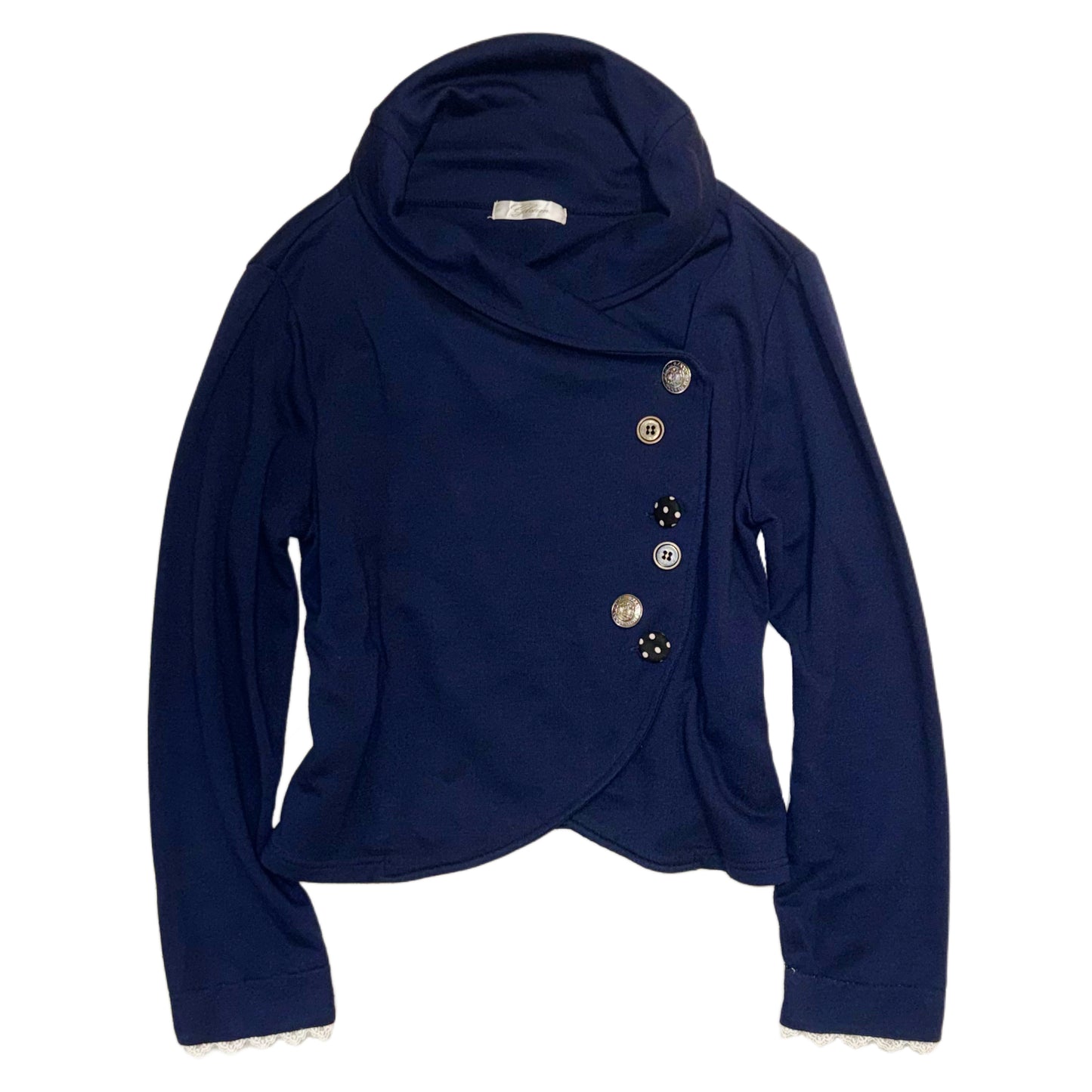 Navy outer with polka dot buttons detail