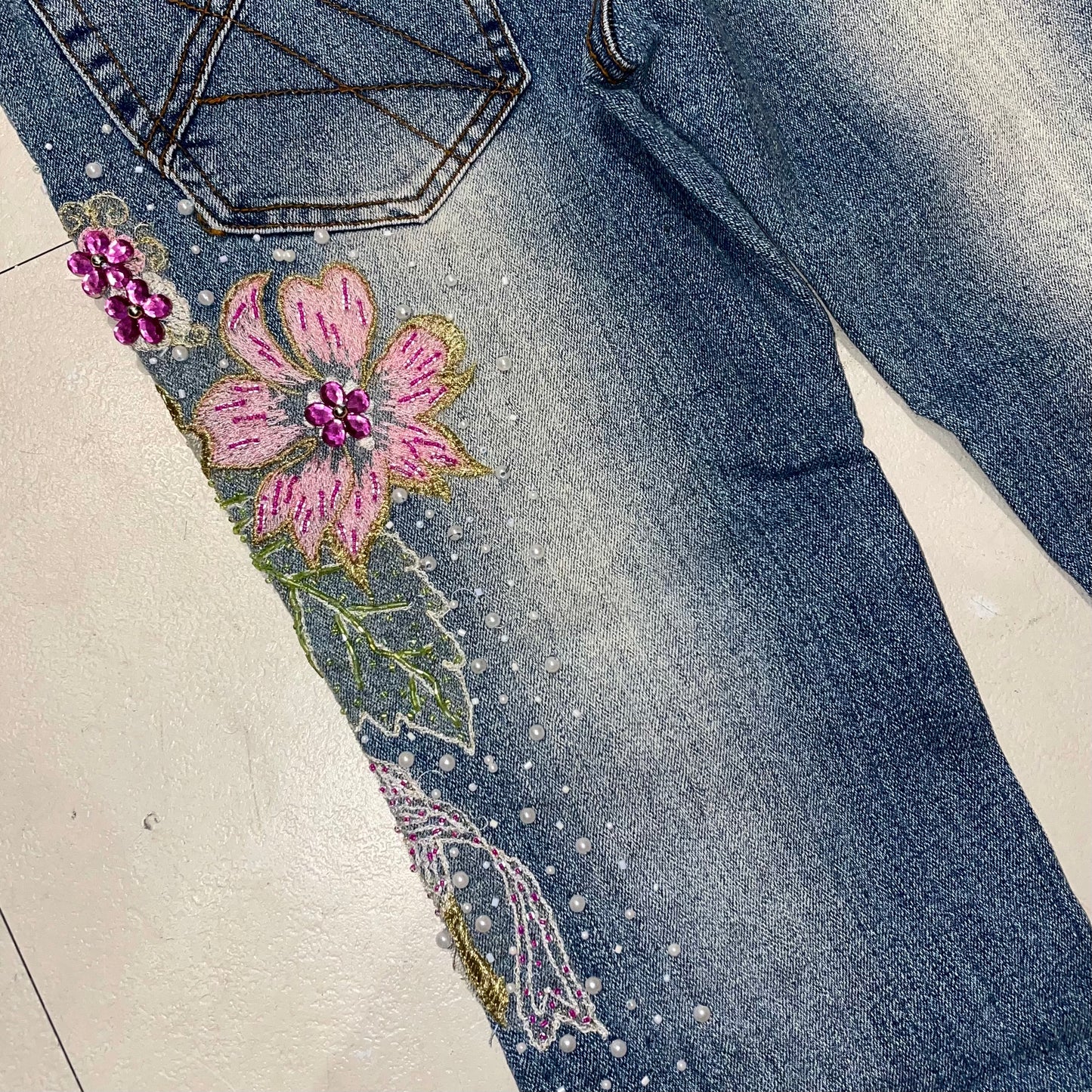 Embroidered denim capris