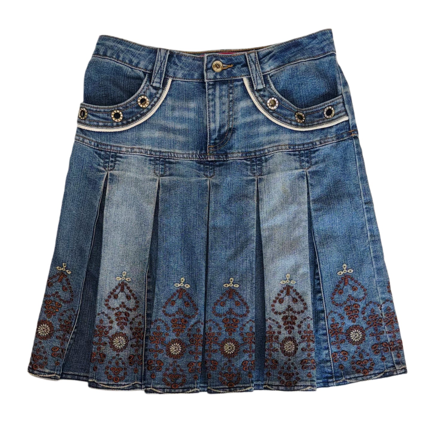 Denim embroidered pleated skirt