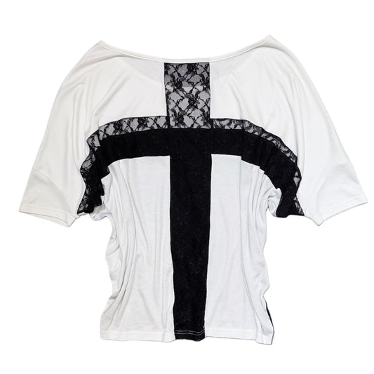 Grunge black lace cross oversized white top
