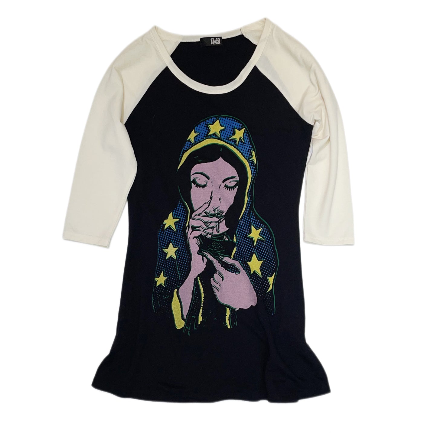 Glad News Virgin Mary smoking graphic mini dress