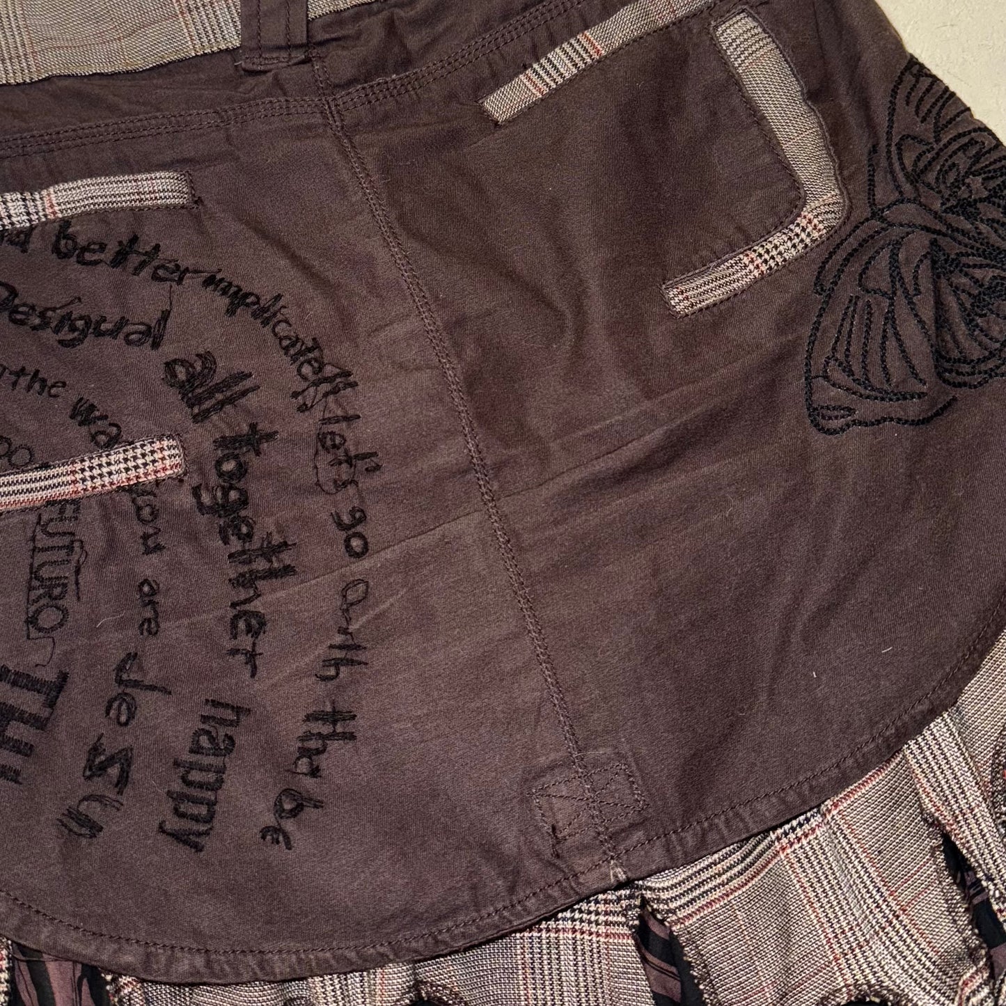 Desigual brown checker layered uneven hem skirt with embroidery details