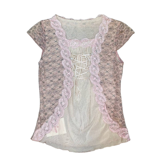 Pink lace glittering beige top