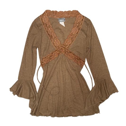 Brown v-neck lace long sleeve