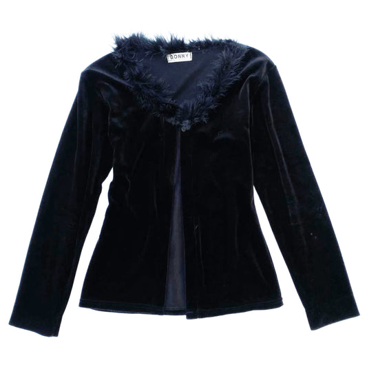 Black velvet outer with furry collar and Chinese button details