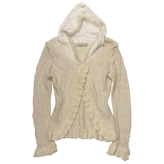 Ivory lace knit hooded outer with fur trim