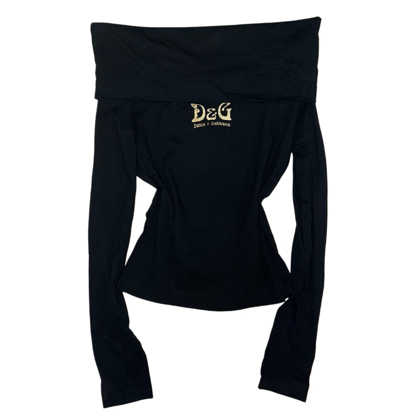 Dolce & Gabbana off-shoulder long sleeve with "I want stardom" signature golden graphic print