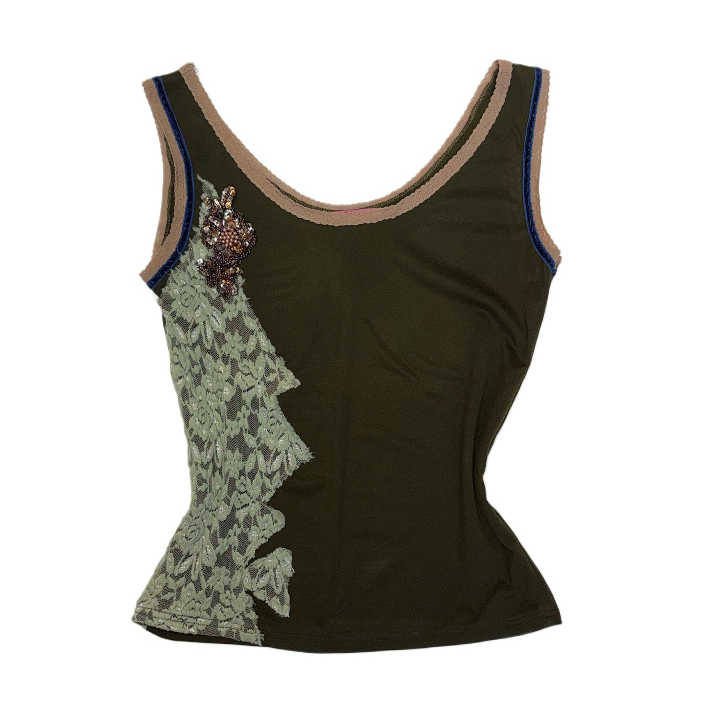 Green lace trim embroidered top