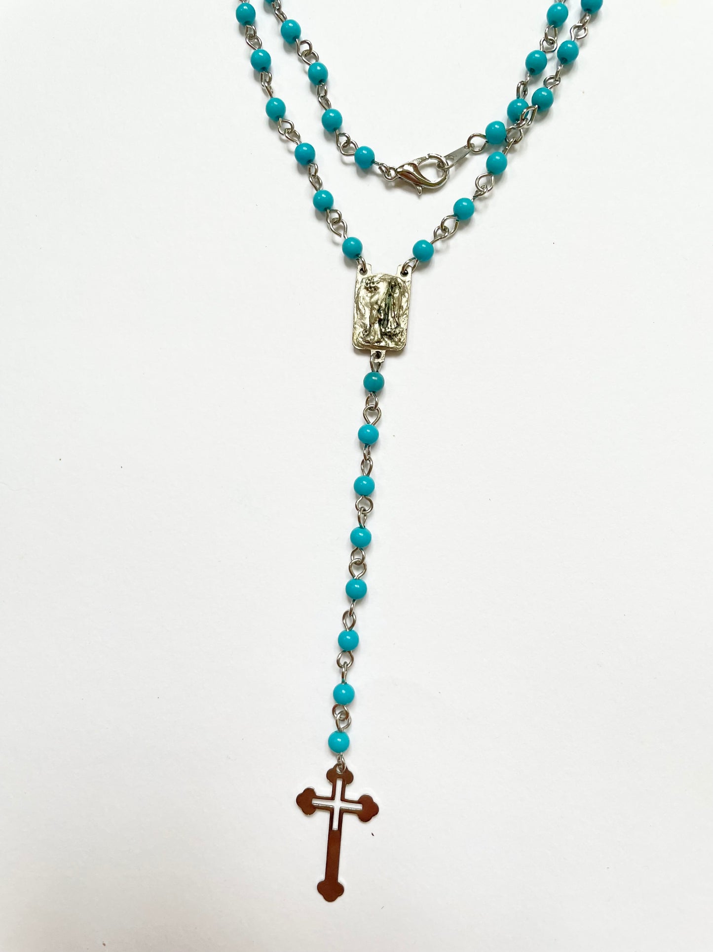 Baby blue beads cross long necklace