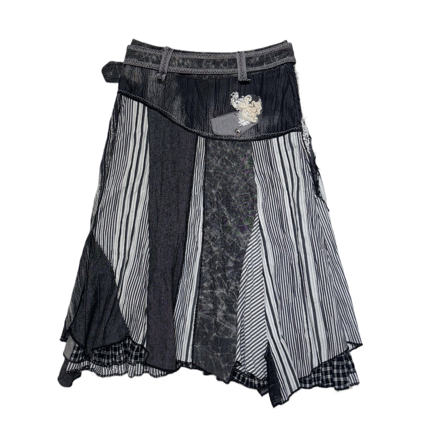 Denim embroidered patchwork skirt with belt