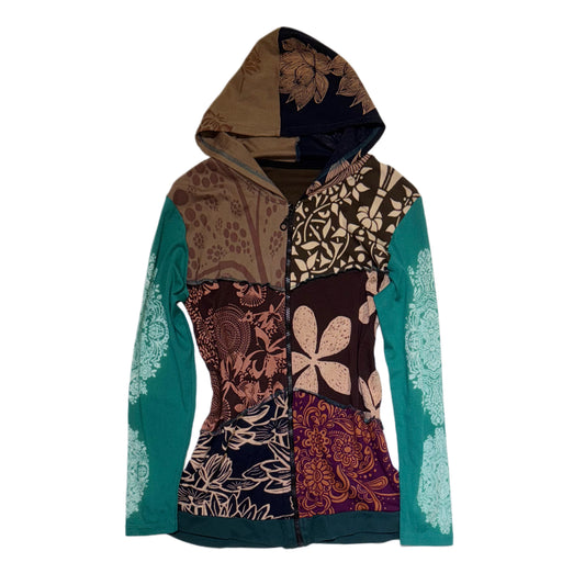 Brown green patchwork flowers zip hoodie