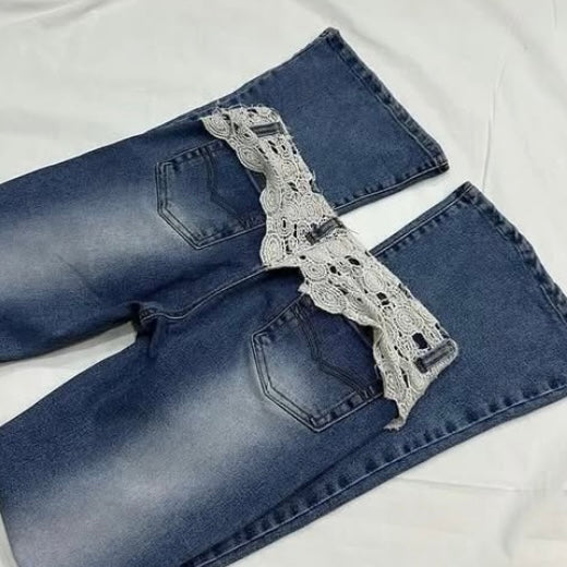 knitted lace layered low waist jeans