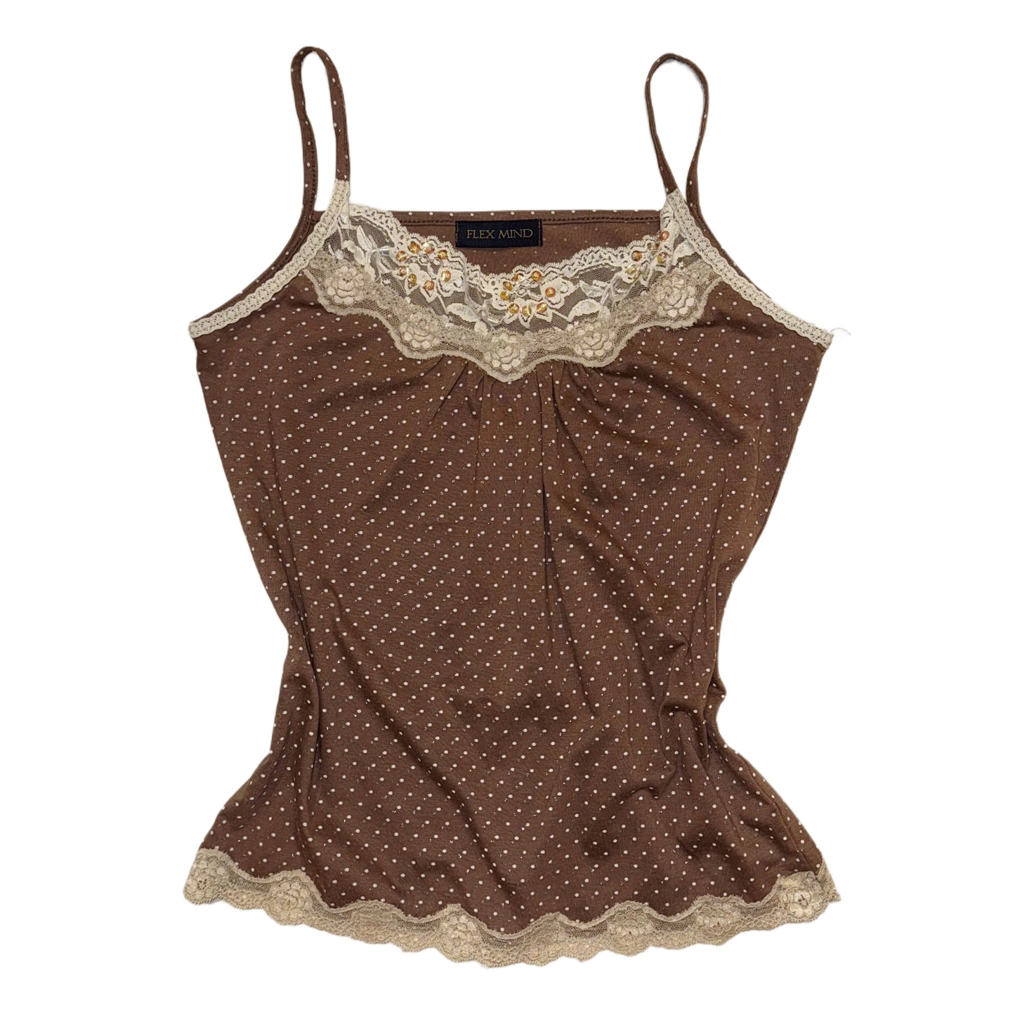 Brown lace embroidered polka dot cami