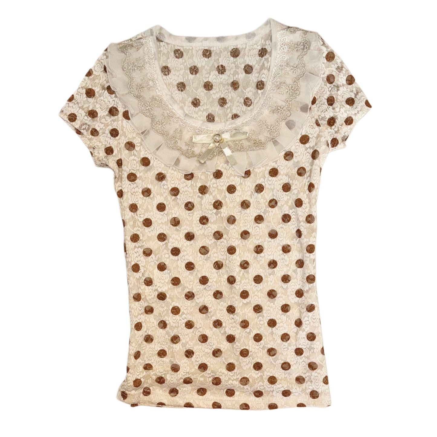 Cream polka dot lace top with lace collar