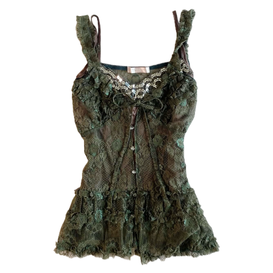 Green embroidered lace tank