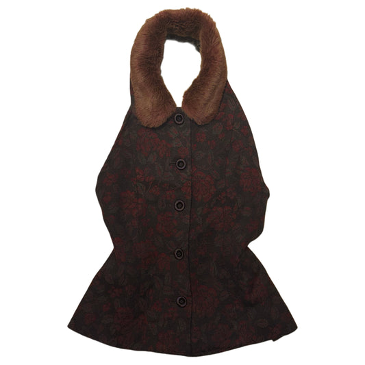 Reddish brown backless top with subtle print & faux fur collar