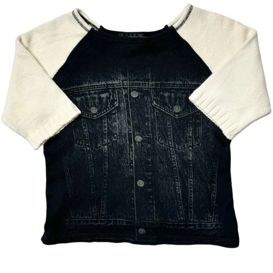 Denim top with white knit sleeves