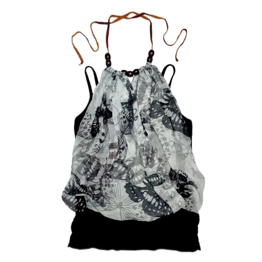 Black butterfly mesh tank with wood bead details